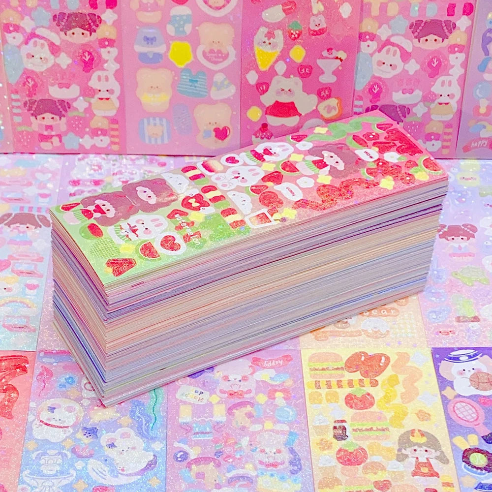 Korean Aesthetic Laser Cartoon Stickers – Cute Holographic Diary & Scrapbooking Stickers, Waterproof & Reusable (20, 60, 100 or 200pcs)