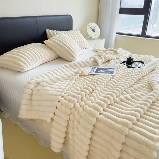 Striped Fuzzy Plush Throw Blanket - Cozy Sofa & Bed Cover