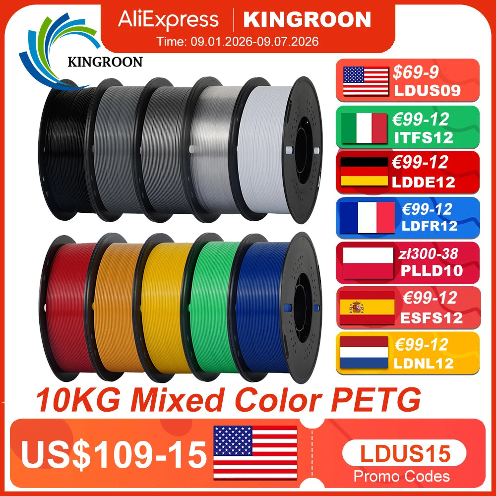 KINGROON 10KG PETG 3D Printer Filament 1.75mm – Tangle-Free, Vacuum Packed