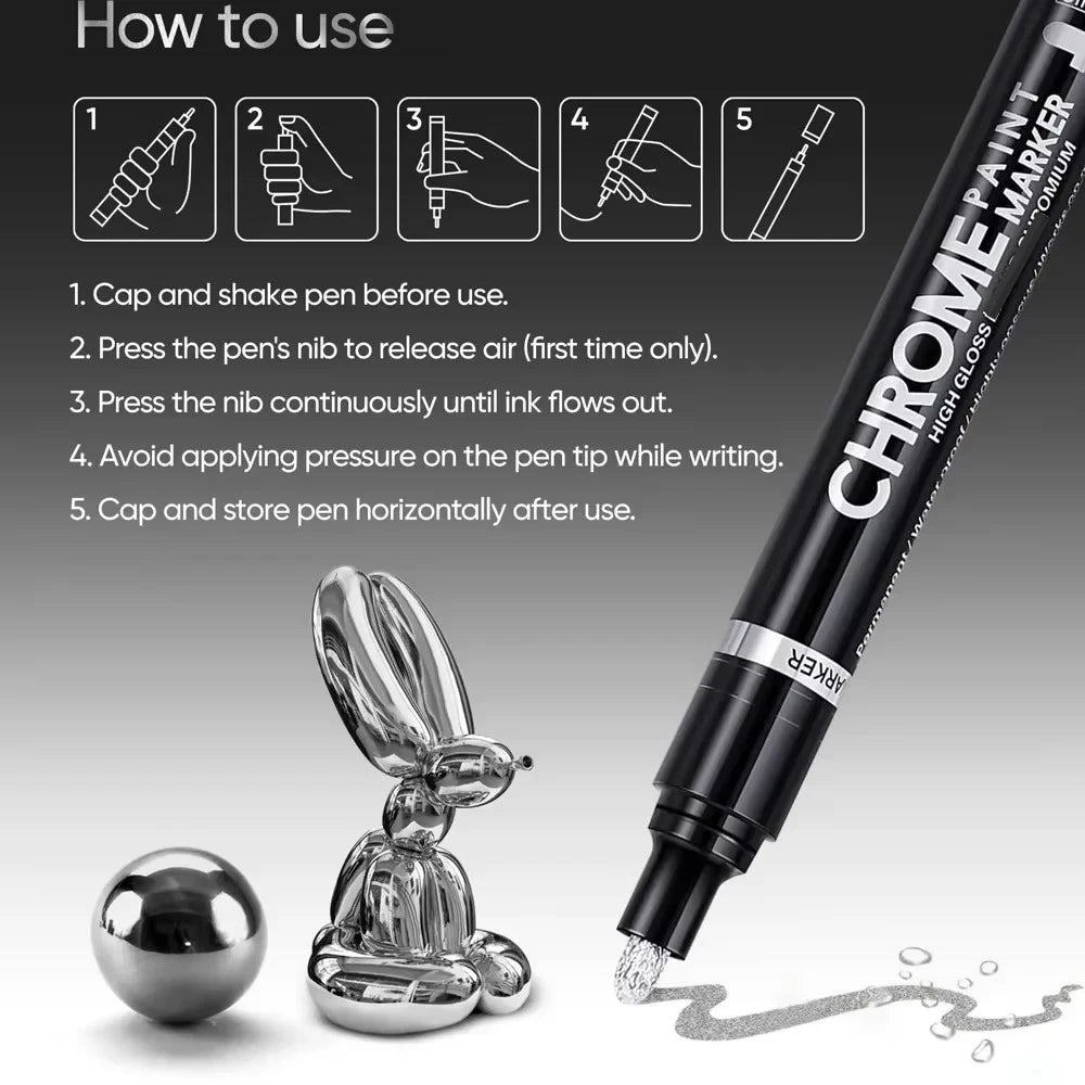 Chrome Mirror Paint Markers – Metallic Gold & Silver Liquid Ink Pens for Glass, Rock, Ceramic & Metal (1–5pcs, 2mm Nib)