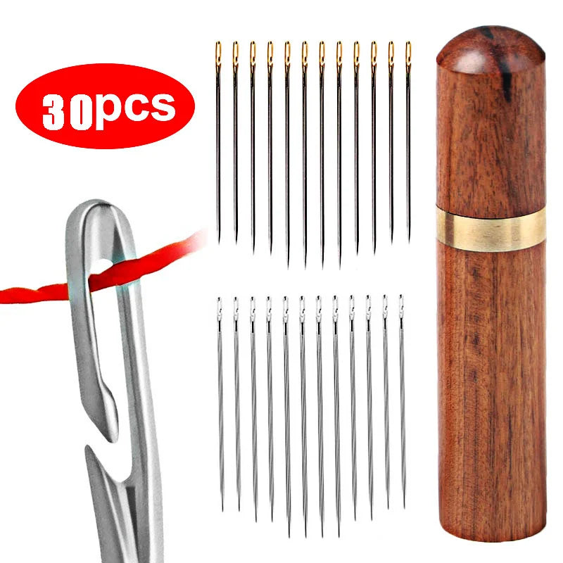 30pcs Self-Threading Sewing Needles — Stainless Steel Easy-Thread Hand Sewing & Embroidery Set