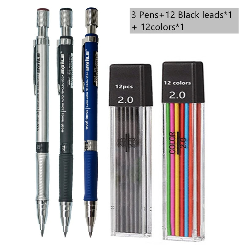 2.0mm Mechanical Pencil Set with 2B Lead Refills – Black & Colour Leads for Writing, Sketching, Drawing & Art (Pencil Sets & Refill Packs)