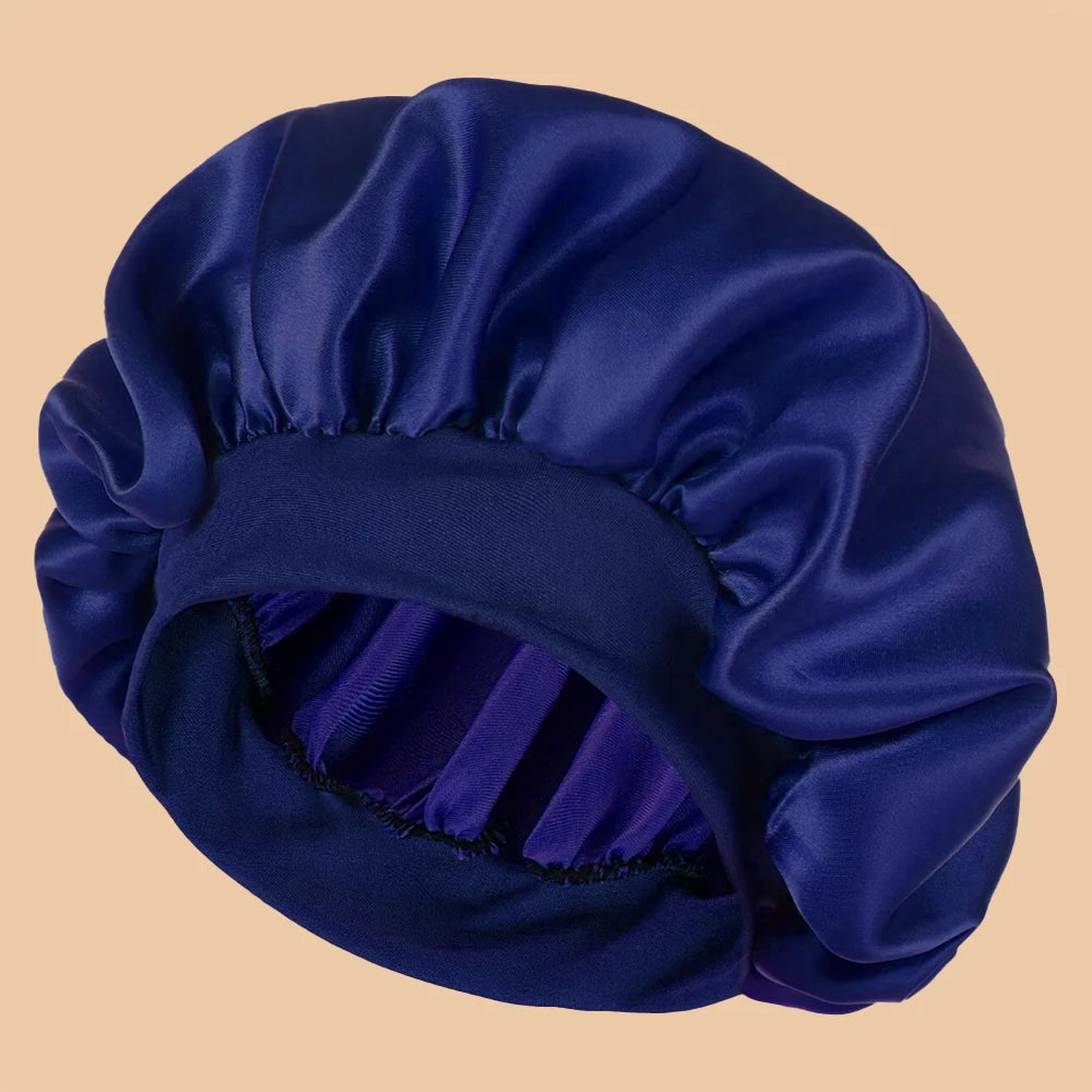 Satin Wide-Brim Shower & Sleep Cap for Women - Solid Color Silk Bonnet for Daily Hair Care