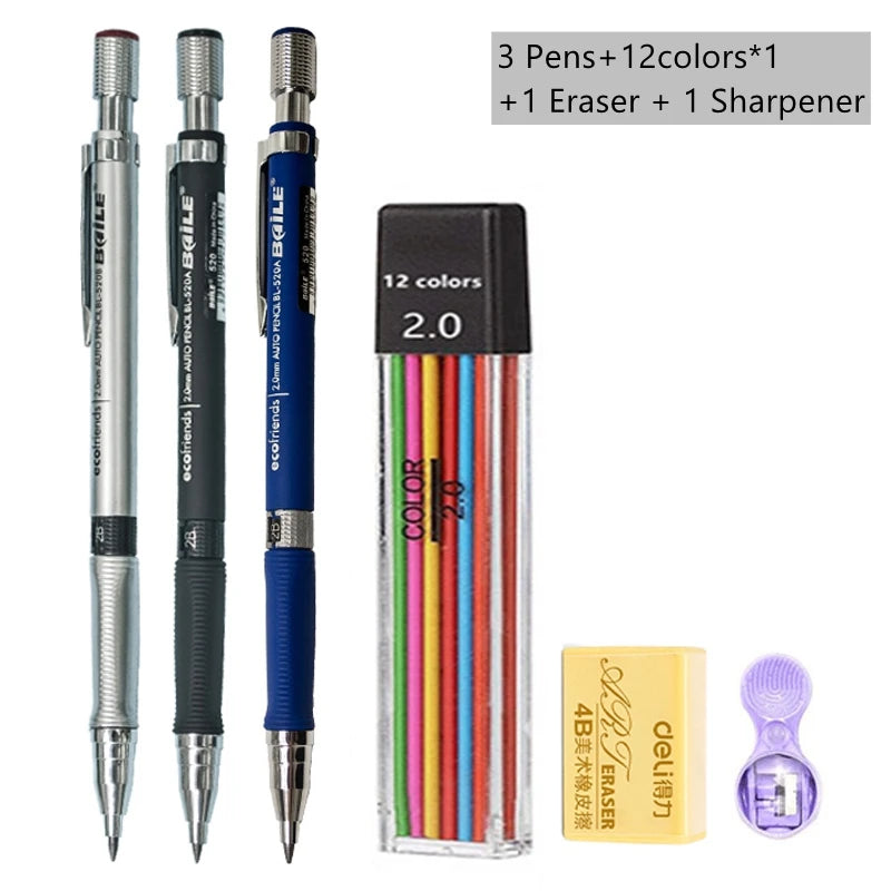 2.0mm Mechanical Pencil Set with 2B Lead Refills – Black & Colour Leads for Writing, Sketching, Drawing & Art (Pencil Sets & Refill Packs)