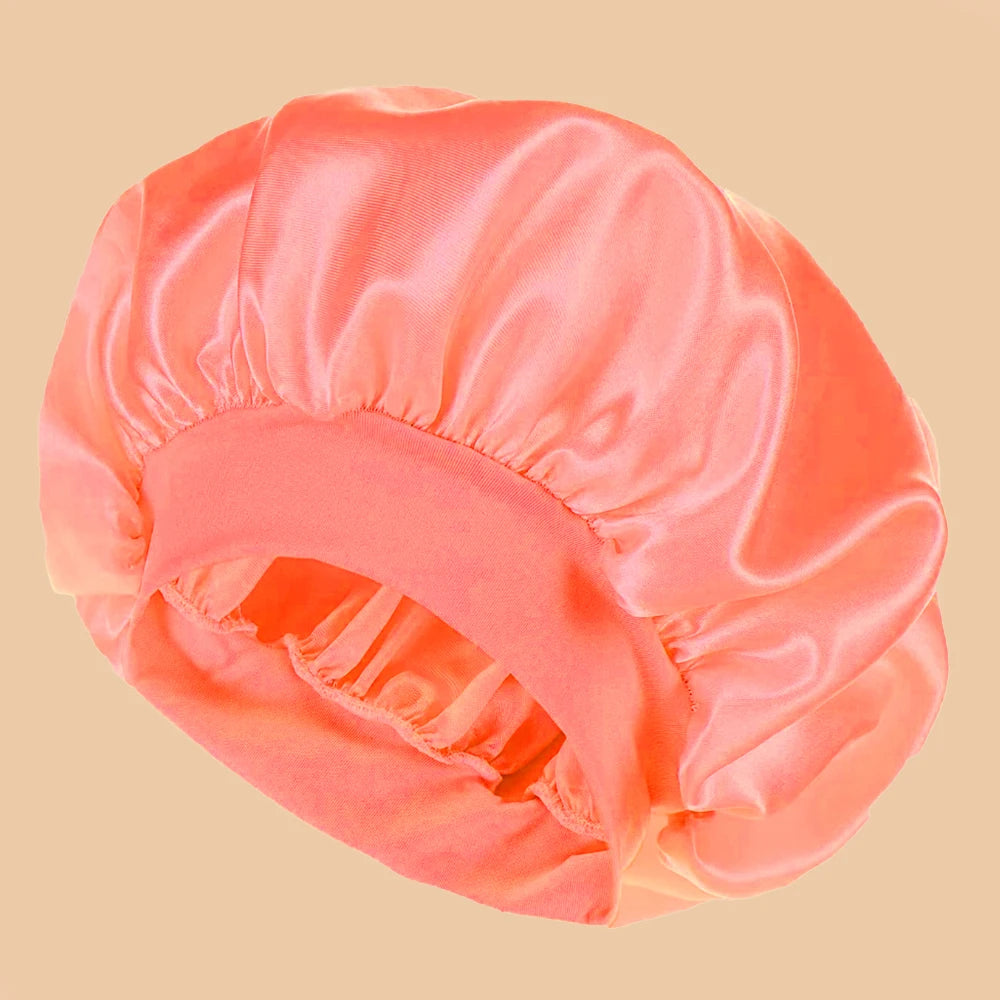 Satin Wide-Brim Shower & Sleep Cap for Women - Solid Color Silk Bonnet for Daily Hair Care