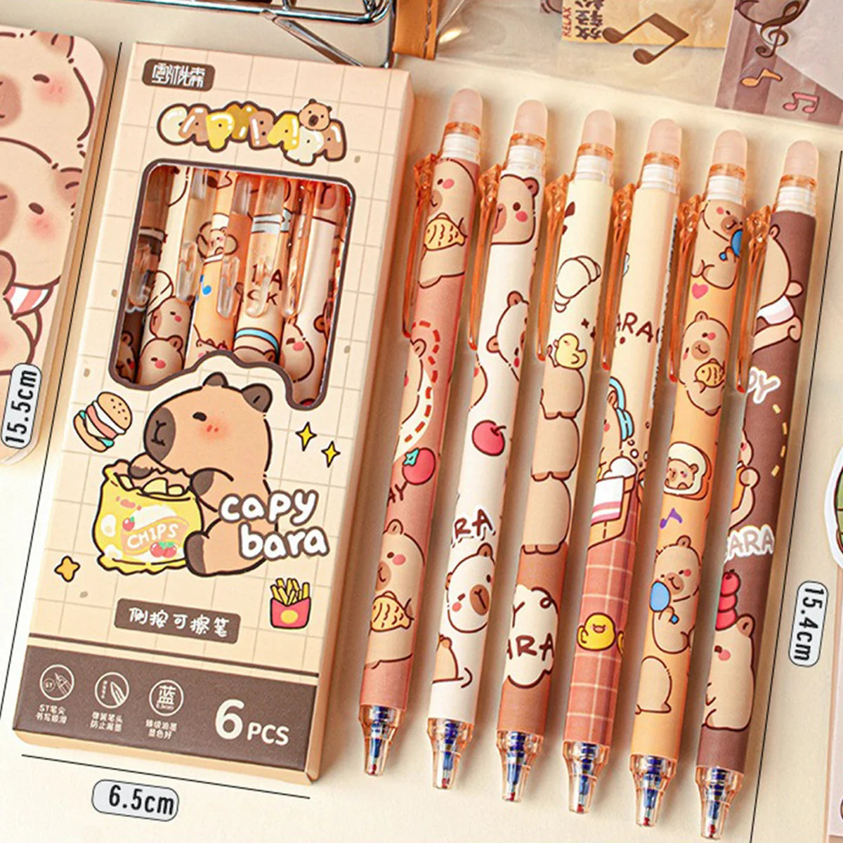 Capybara Erasable Refillable Gel Pens – Smudge-Free 0.5mm Cute Animal Stationery for Students & Office (5- or 6-Pack)