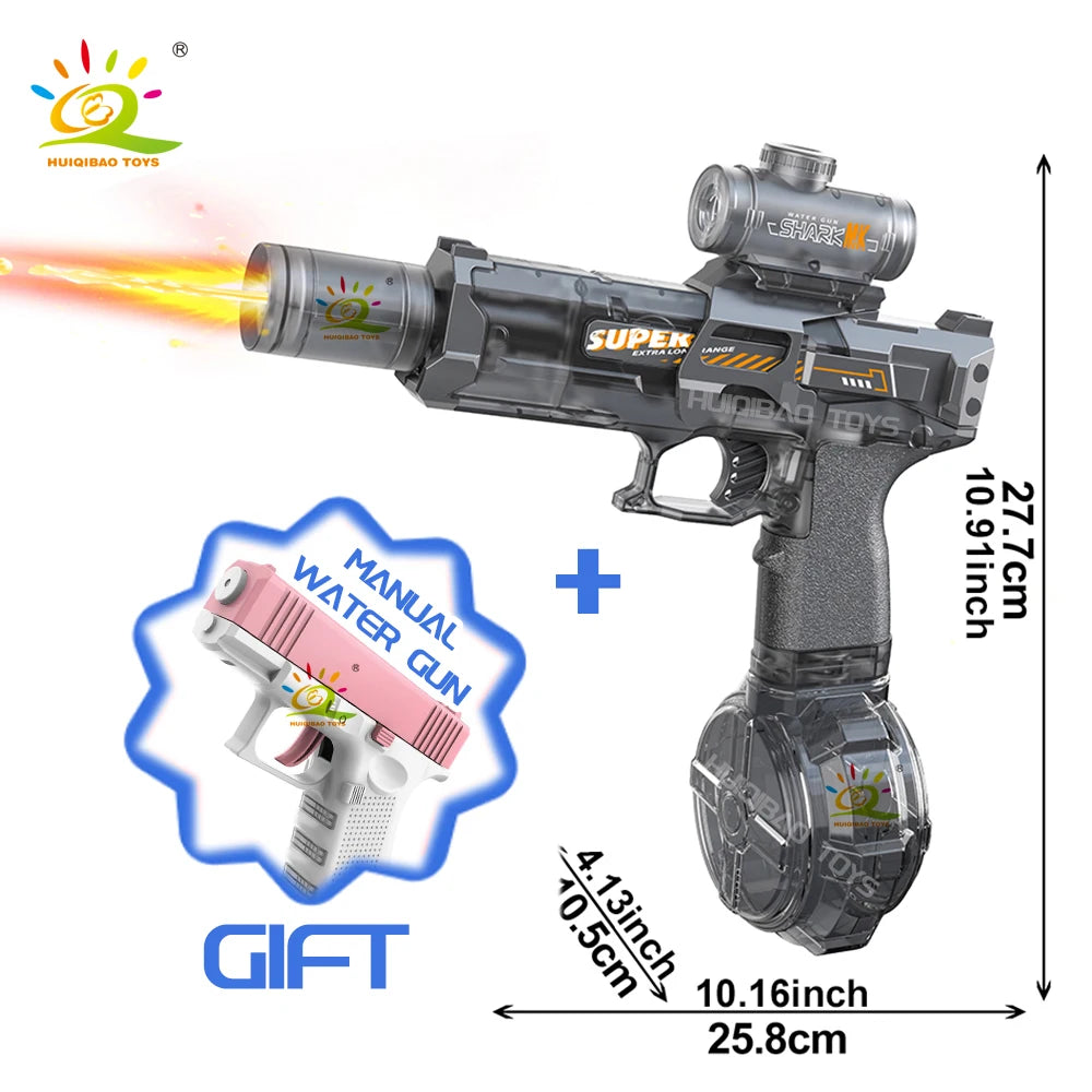 HUIQIBAO Electric Pulse Water Gun – Automatic Burst Fire, LED Flash, 8M Range, USB-C Rechargeable