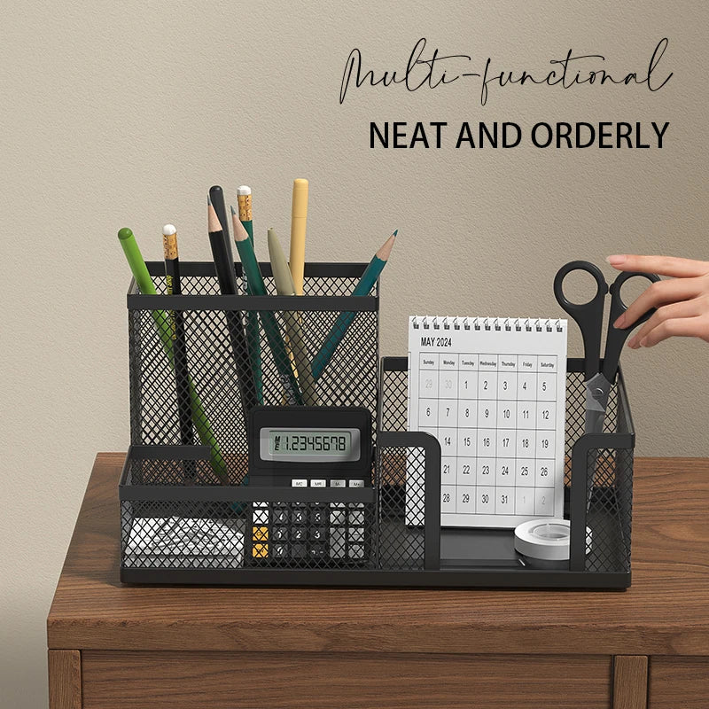 Black Mesh Desk Organiser – 3-Compartment Metal Caddy with Pencil Holder & Storage Baskets for Desktop Organisation (Single o
