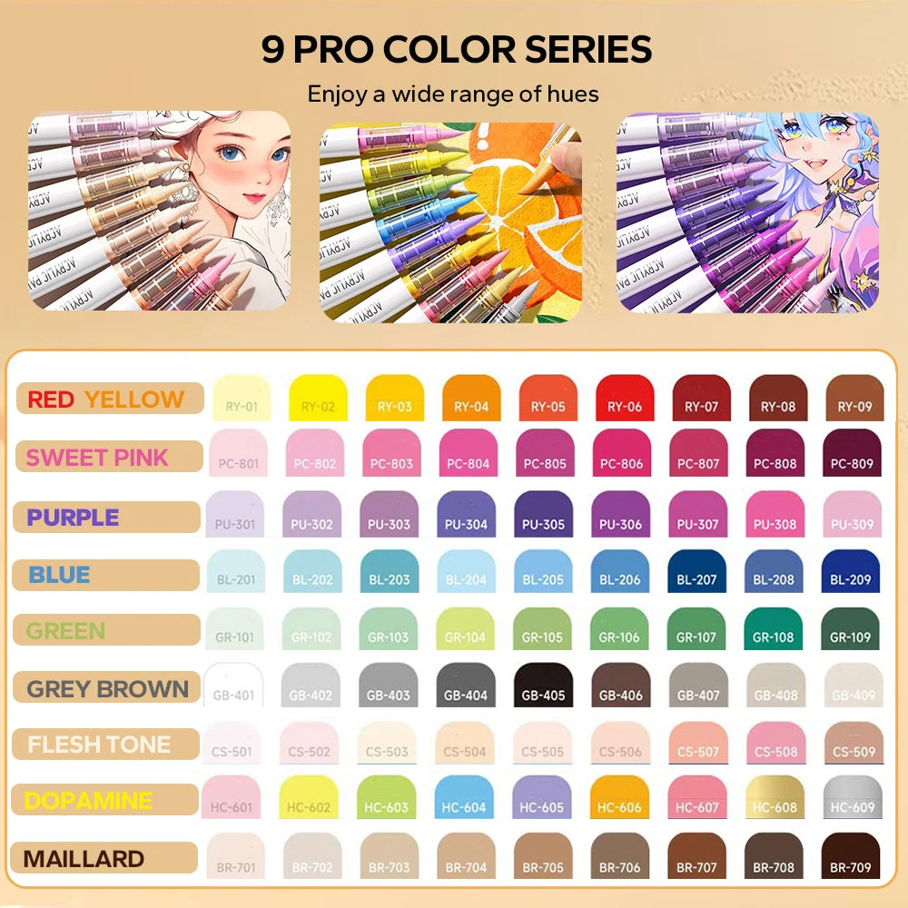 Acrylic Brush Marker Set – 9-Colour Pro Palette Series with Automatic Ink Control for Illustration & Fine Art (9 Series Avail