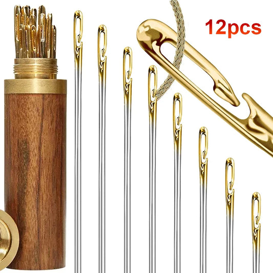 12pcs Side-Threading Sewing Needles — Easy-Thread Stainless Steel Hand Sewing Set for Seniors
