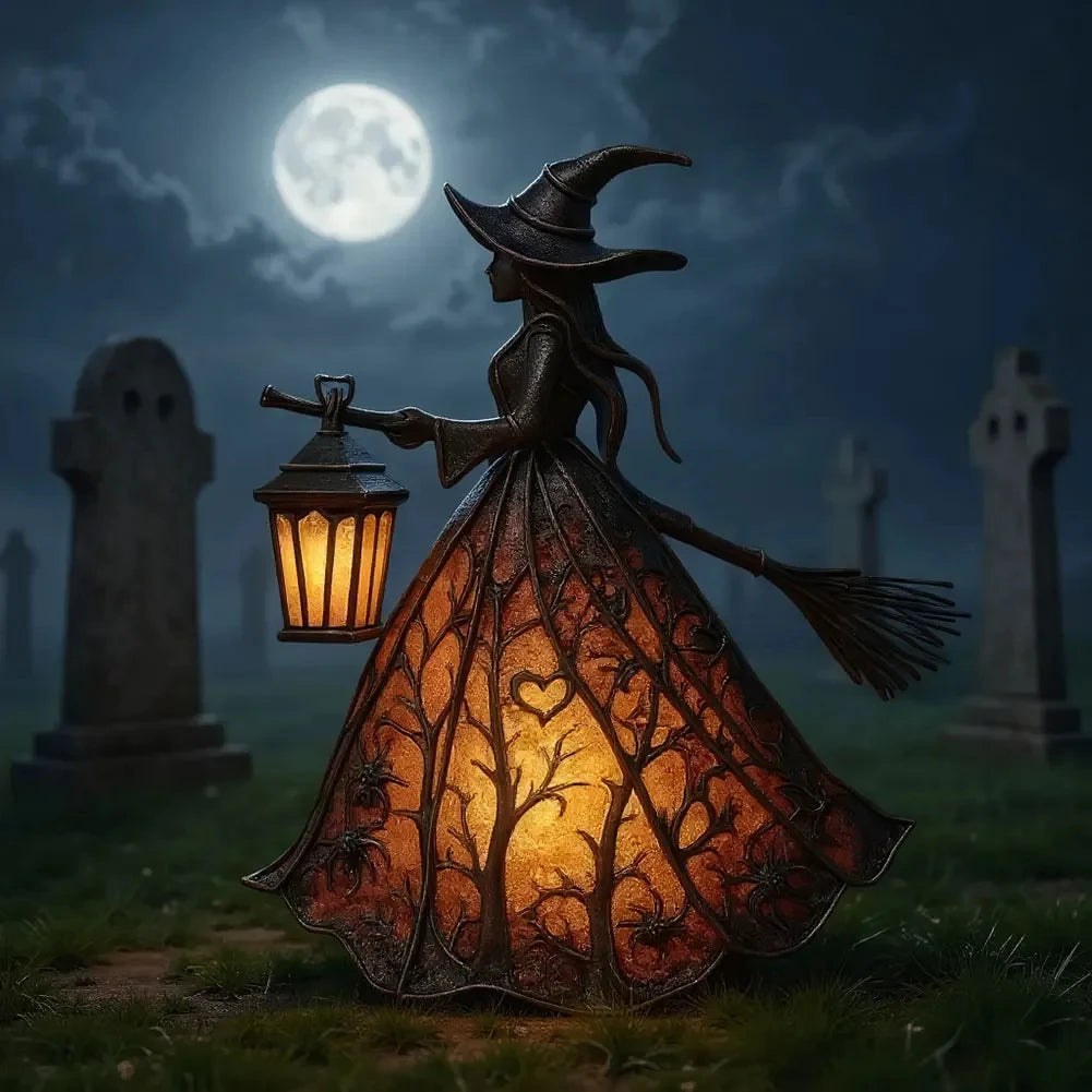 Halloween Witch Lantern LED Night Light – Gothic Resin Statue with Broom for Spooky Home Decor