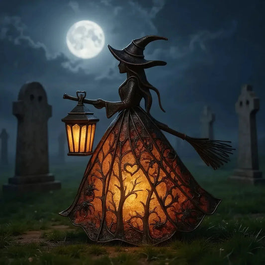Halloween Witch Lantern LED Night Light – Gothic Resin Statue with Broom for Spooky Home Decor