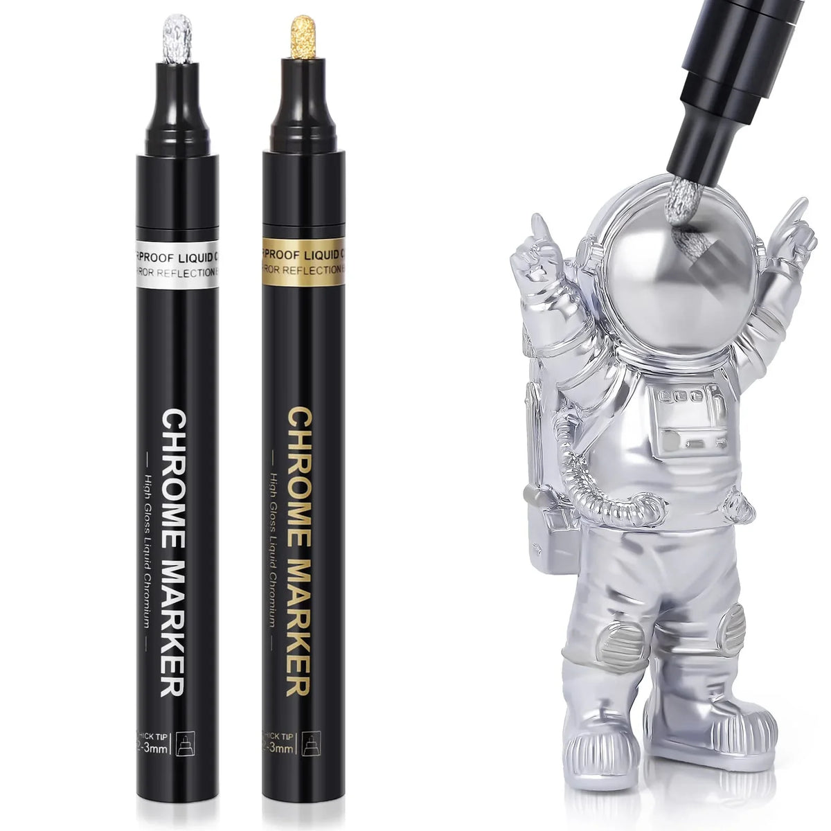 Chrome Mirror Marker Pens – 2mm Reflective Silver & Gold Paint Markers for Car Styling, Art & DIY Crafts (1, 2 or 3-Pack)