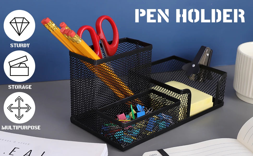Black Mesh Desk Organiser – 3-Compartment Metal Caddy with Pencil Holder & Storage Baskets for Desktop Organisation (Single o