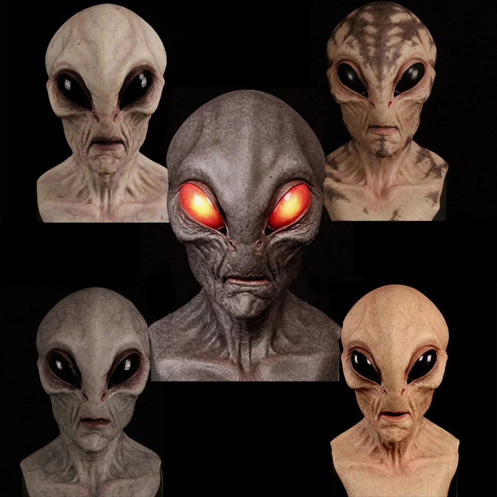 Halloween Alien UFO Skull Latex Mask – Horror Sci-Fi Cosplay Helmet for Carnival, Costume & Dress-Up Parties (6 Designs)