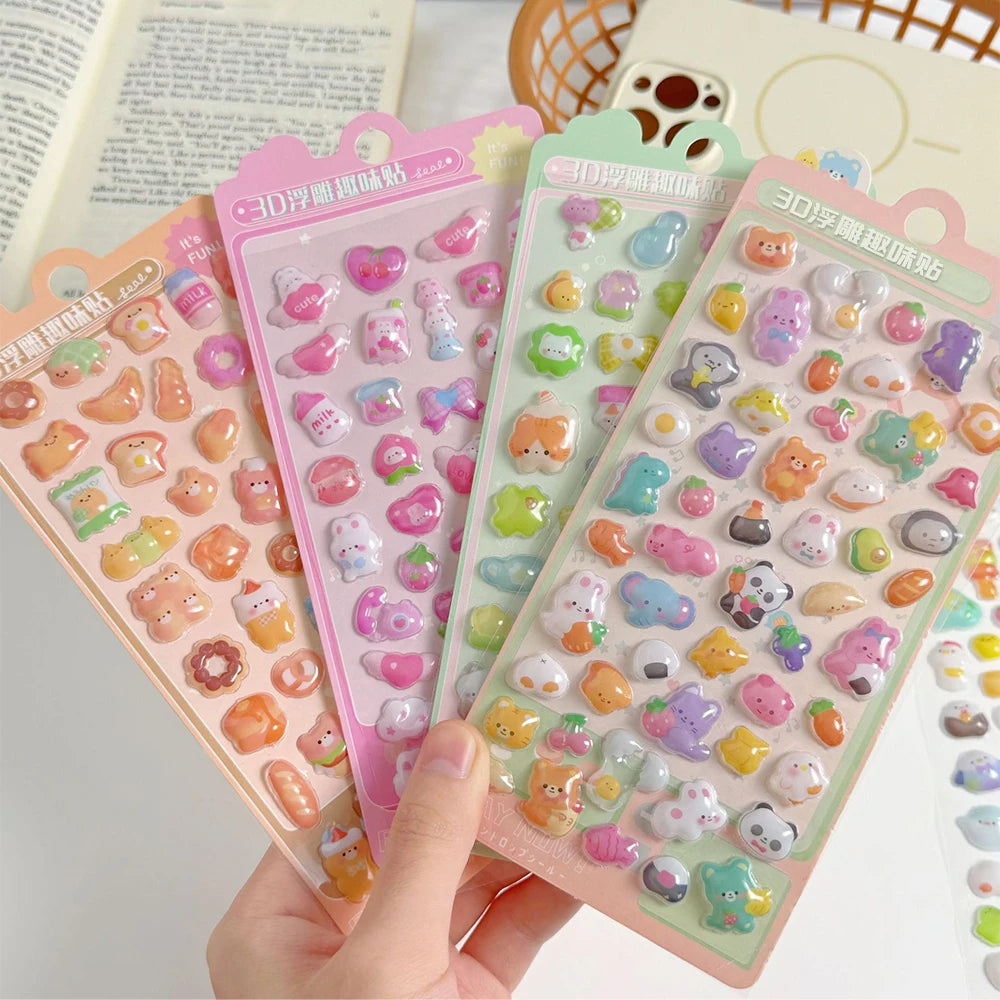 3D Embossed Diamond Cartoon Sticker Sheet – PVC Craft Decals for Scrapbooking, Journaling & Stationery Decoration (4 Designs 