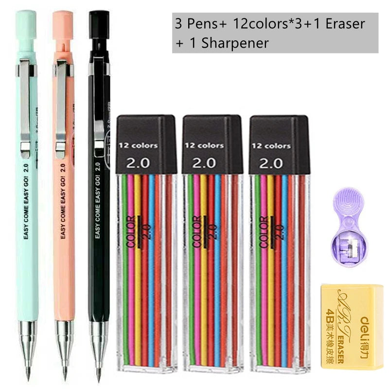 2.0mm Mechanical Pencil Set with 2B Lead Refills – Black & Colour Leads for Writing, Sketching, Drawing & Art (Pencil Sets & 