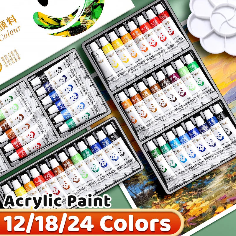 Acrylic Paint Set – Waterproof Rich Pigment Tubes for Canvas, Glass, Rock & Paper DIY Art (12, 18 or 24 Colours, 5ml each)