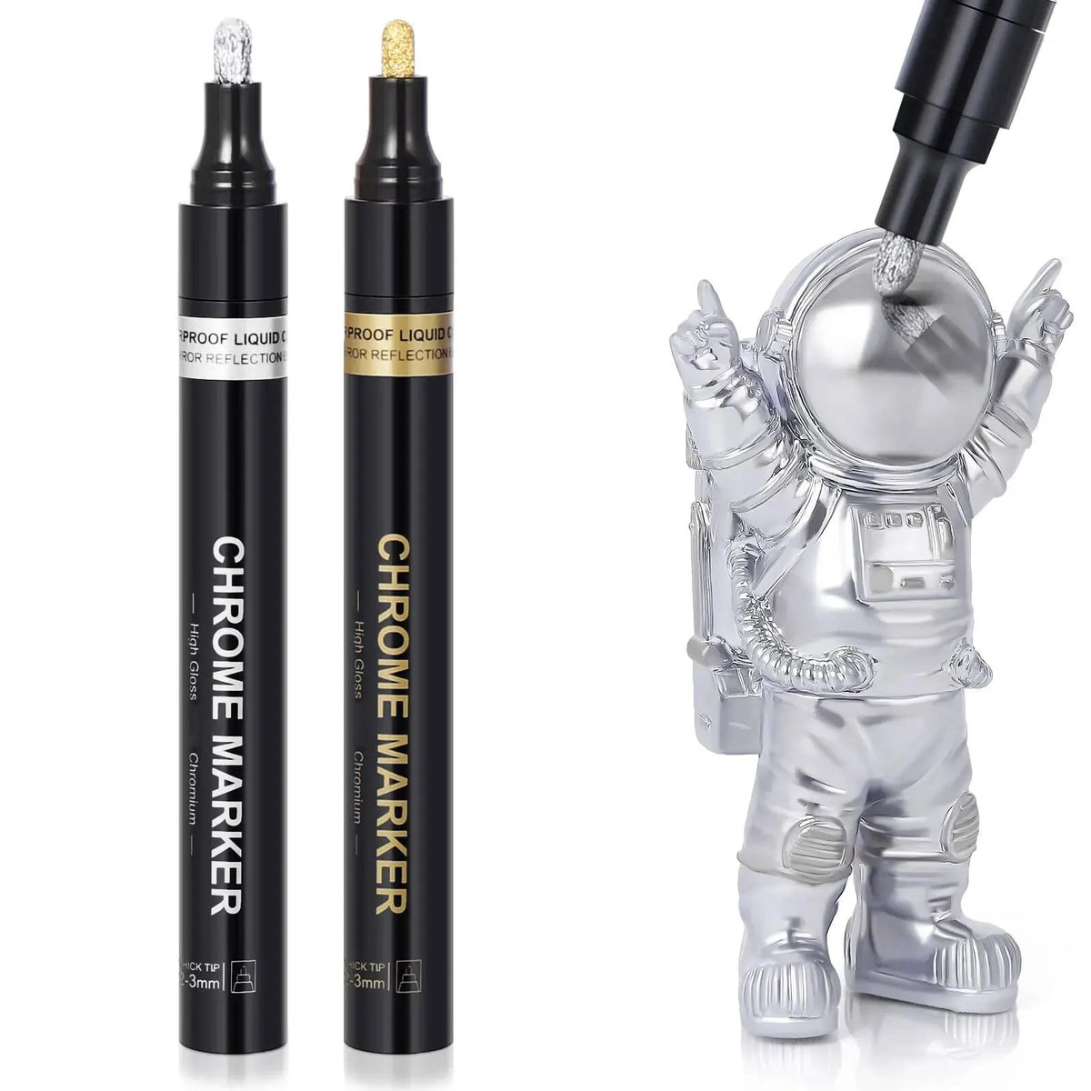 Chrome Mirror Marker Pens – 2mm Reflective Silver & Gold Paint Markers for Car Styling, Art & DIY Crafts (1, 2 or 3-Pack)