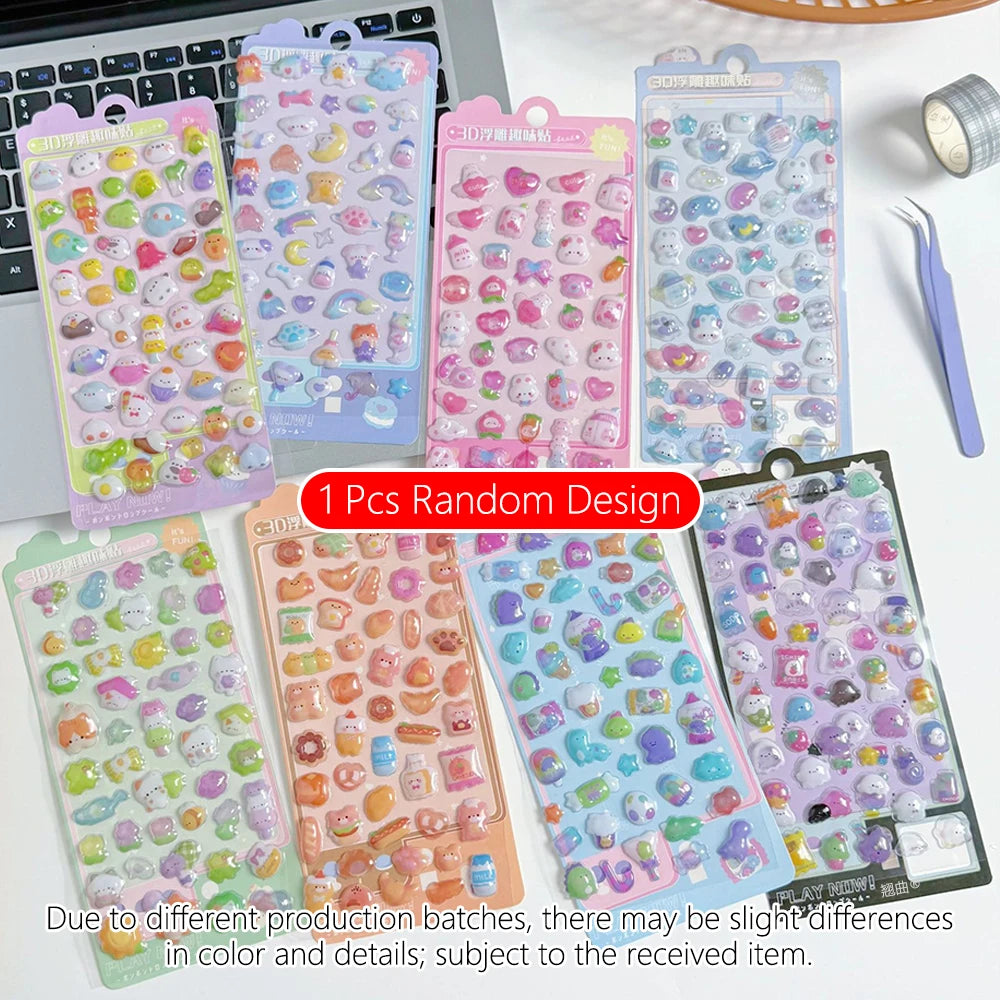 3D Embossed Diamond Cartoon Sticker Sheet – PVC Craft Decals for Scrapbooking, Journaling & Stationery Decoration (4 Designs or Random)