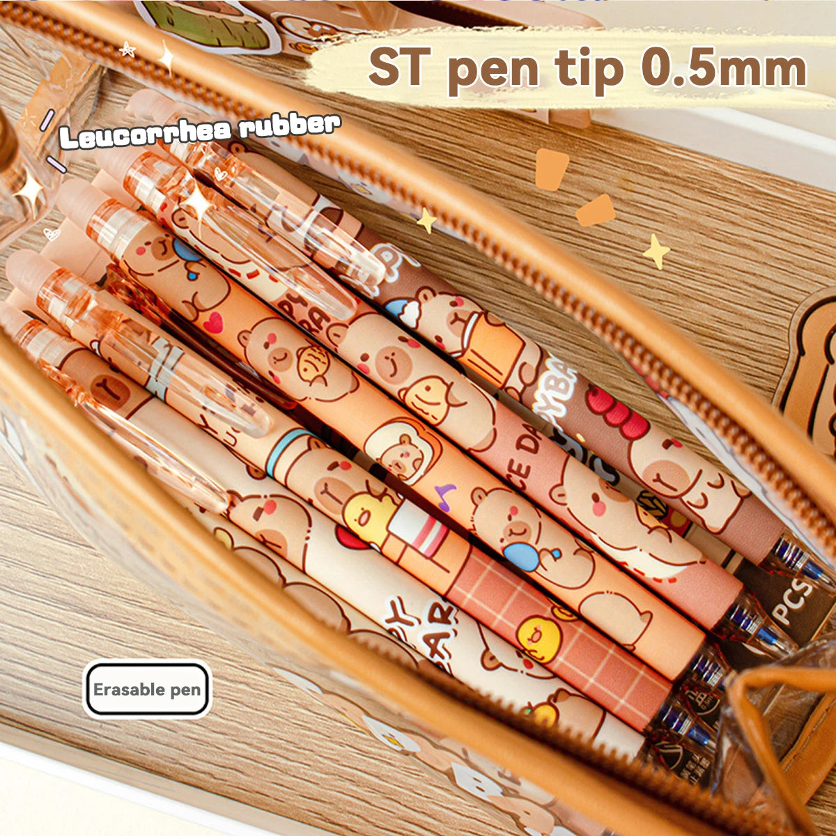 Capybara Erasable Refillable Gel Pens – Smudge-Free 0.5mm Cute Animal Stationery for Students & Office (5- or 6-Pack)
