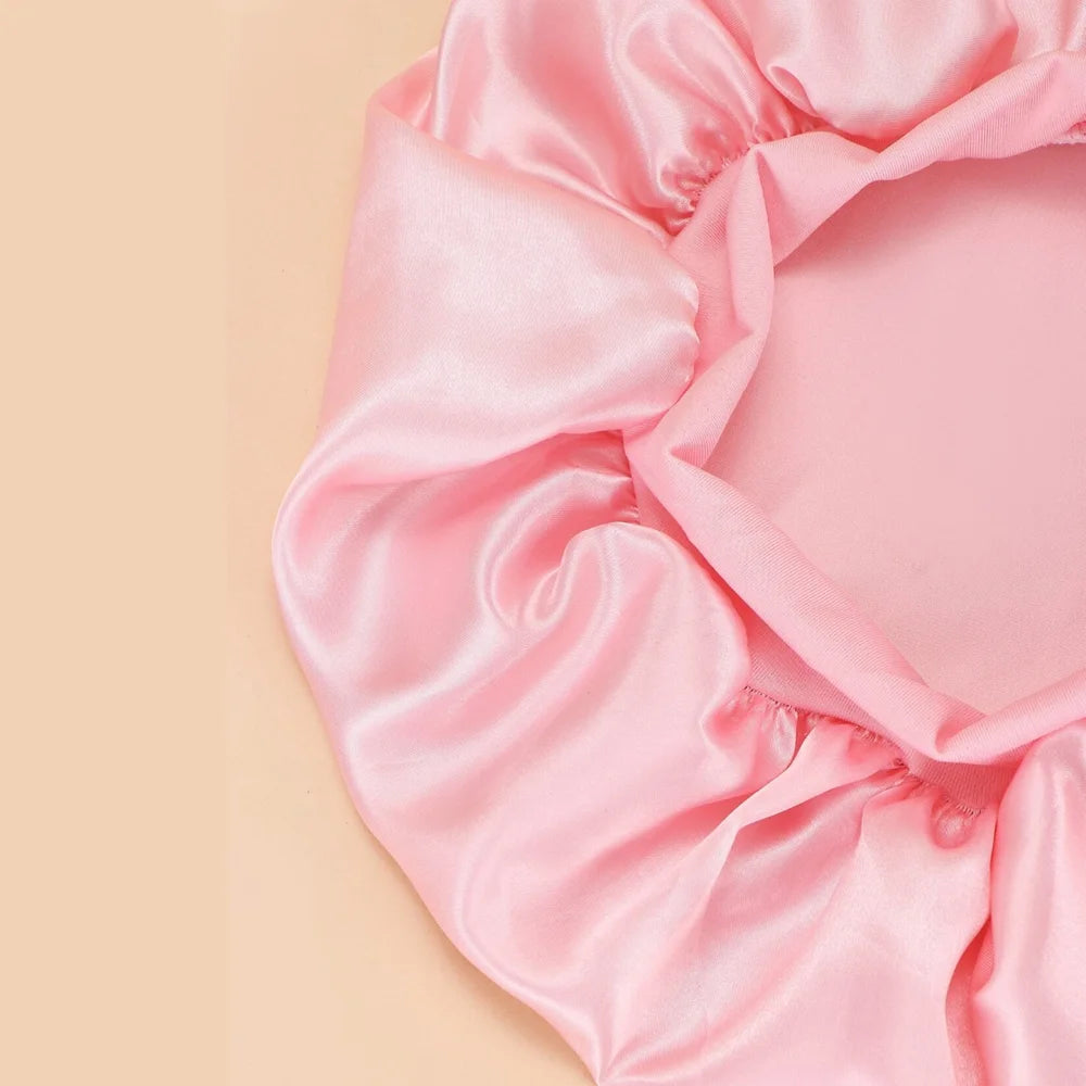 Satin Wide-Brim Shower & Sleep Cap for Women - Solid Color Silk Bonnet for Daily Hair Care