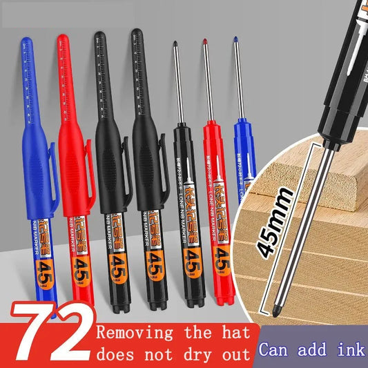 10pcs Long-Head Deep Hole Marker Pens – 45mm Tip, Waterproof Quick-Dry Permanent Ink for Woodworking & Construction (Black, R