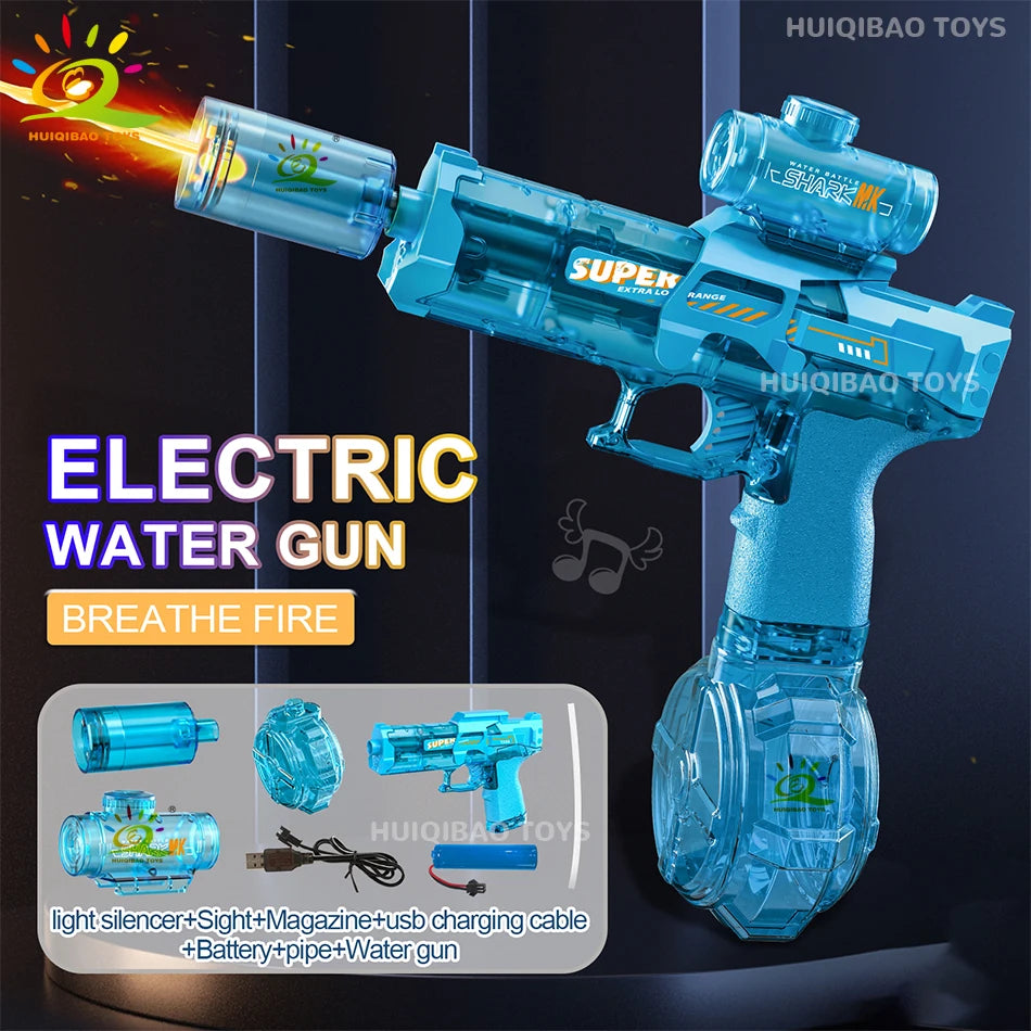 HUIQIBAO Electric Pulse Water Gun – Automatic Burst Fire, LED Flash, 8M Range, USB-C Rechargeable