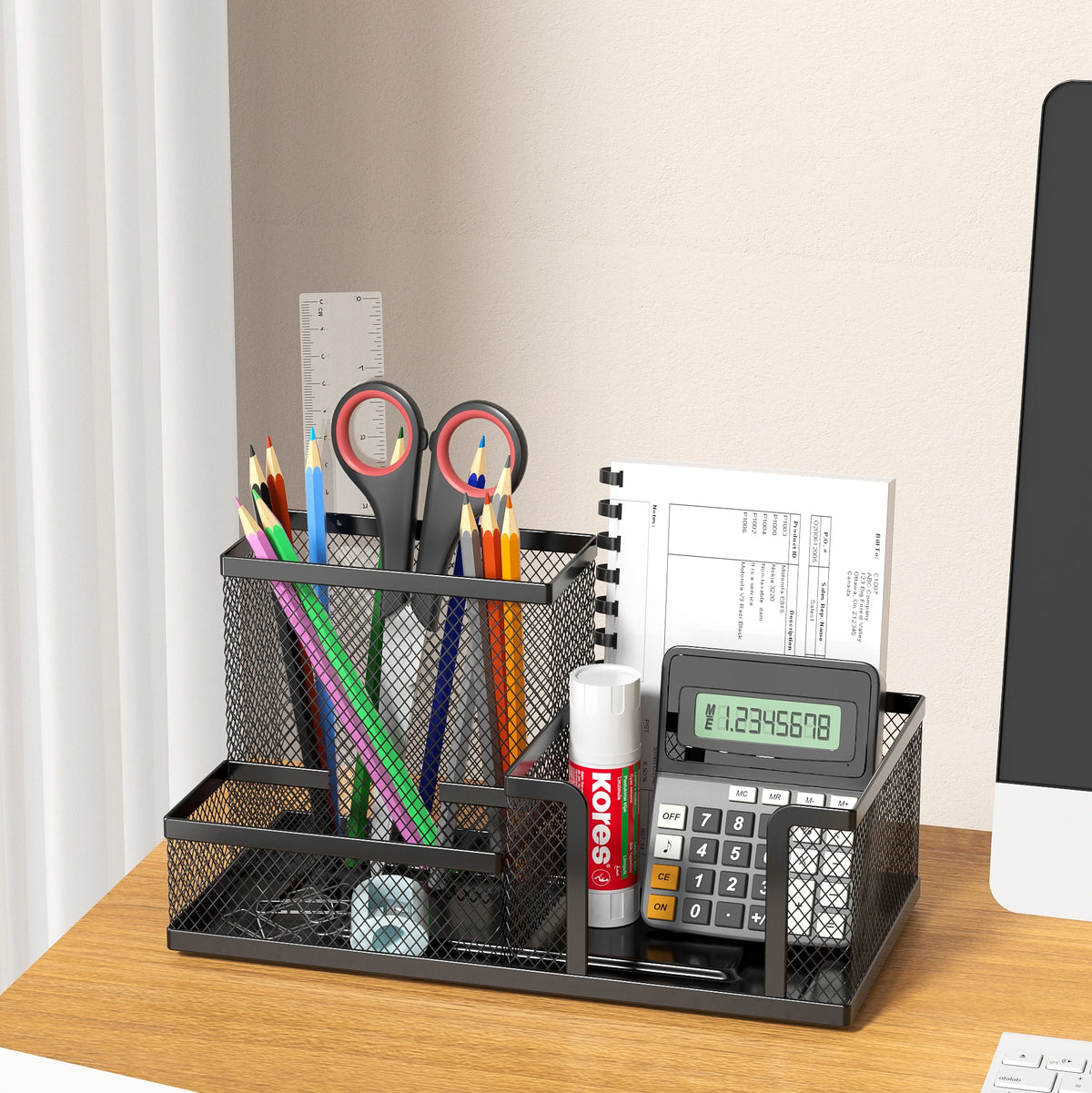 Black Mesh Desk Organiser – 3-Compartment Metal Caddy with Pencil Holder & Storage Baskets for Desktop Organisation (Single o