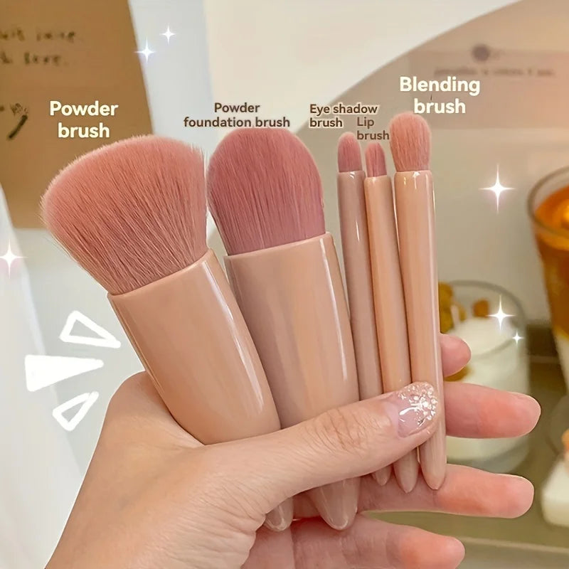 5-Piece Portable Travel Makeup Brush Set with Mirror – Compact Beauty Kit
