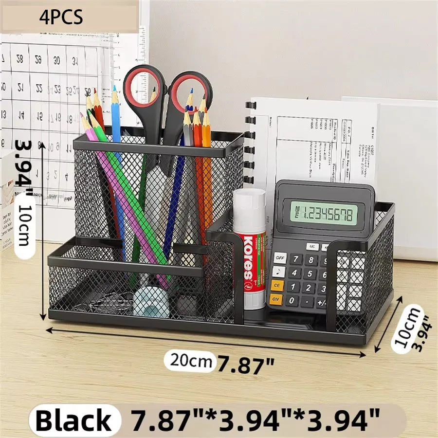 Black Mesh Desk Organiser – 3-Compartment Metal Caddy with Pencil Holder & Storage Baskets for Desktop Organisation (Single or 3-Pack)