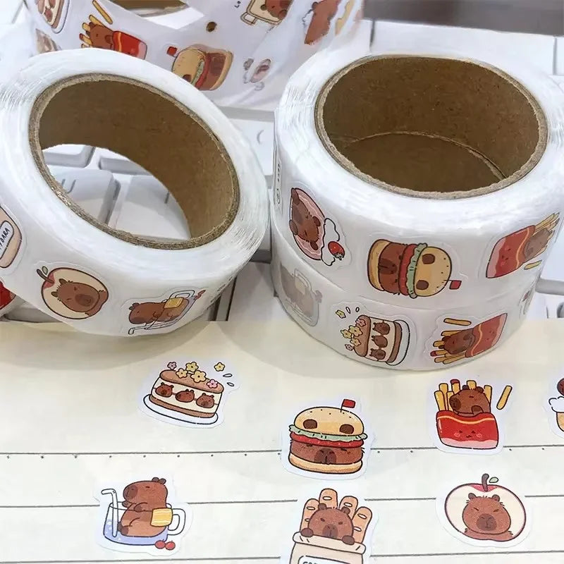 500pcs Capybara Sticker Roll – Waterproof PVC Self-Adhesive Decals in Cute Animal & Food Designs for Laptops, Phones, Scrapbo
