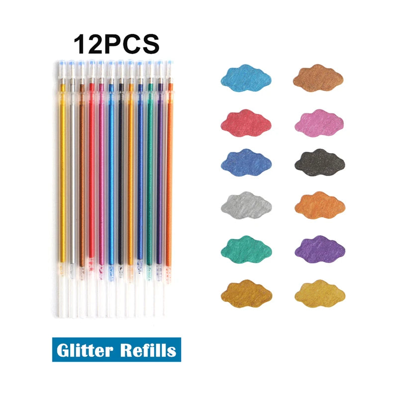 Kissbuty Glitter, Metallic, Pastel & Highlighter Gel Pens – 1.0mm Coloring Pens with Refills for Journaling, Art & Adult Colouring Books (12pcs)