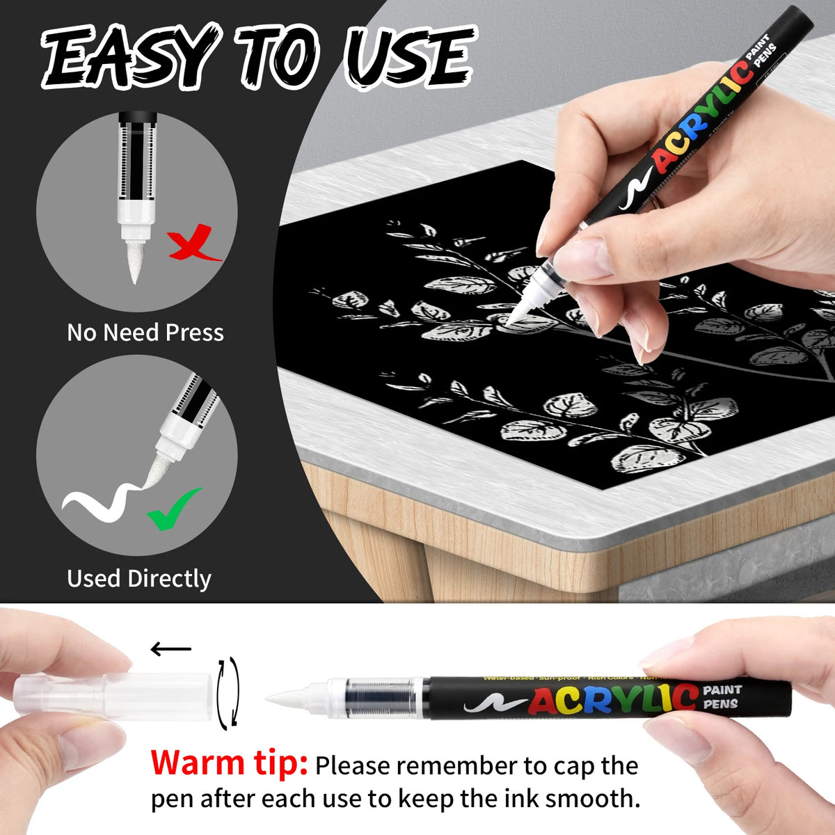 Flysea Black & White Acrylic Paint Markers – Large Ink Capacity 8-Pack for Illustration, Sketching, Wood, Glass & Fabric (All
