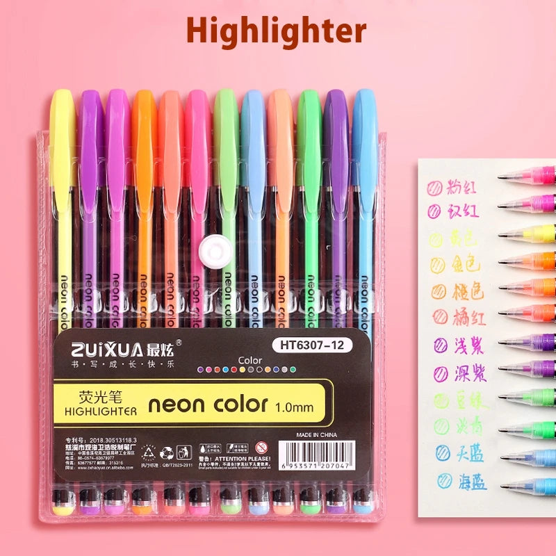 Kissbuty Glitter, Metallic, Pastel & Highlighter Gel Pens – 1.0mm Coloring Pens with Refills for Journaling, Art & Adult Colouring Books (12pcs)