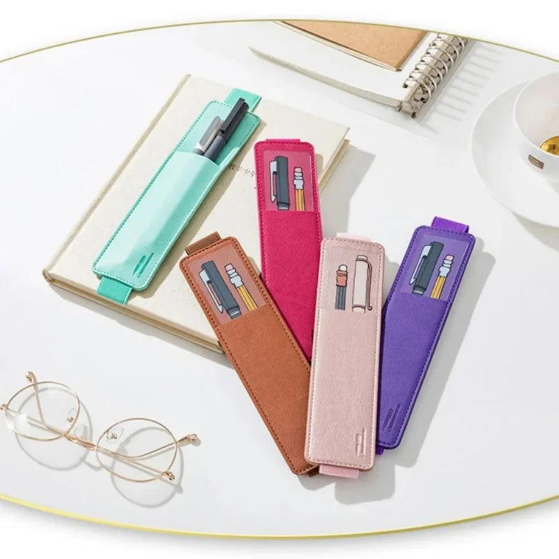 PU Leather Pen Case with Elastic Buckle – Slim Portable Pencil Pouch for School, Office & Meetings (Single or Wide Style, 6 C