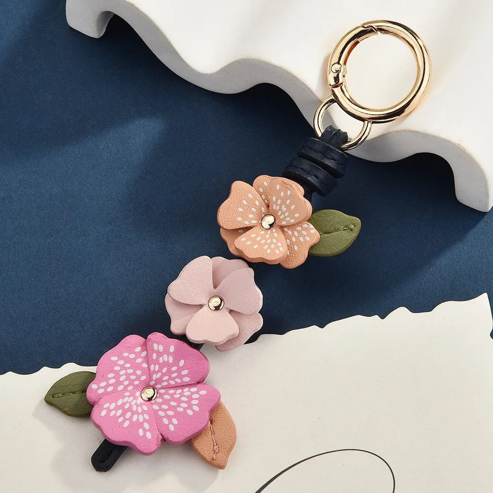 Handmade PU Leather Flower Bag Pendant & Keychain – Lotus Charm for Women