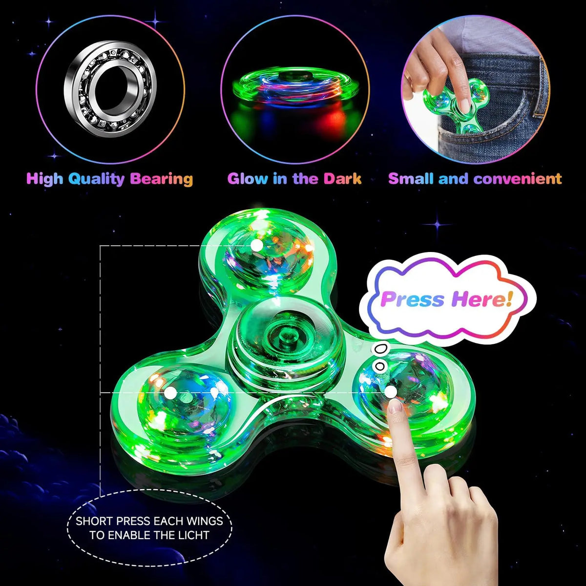 Crystal Luminous LED light Fidget Spinner Hand Top Spinners Glow in Dark EDC Stress Relief Toys Kinetic Gyroscope for Childre