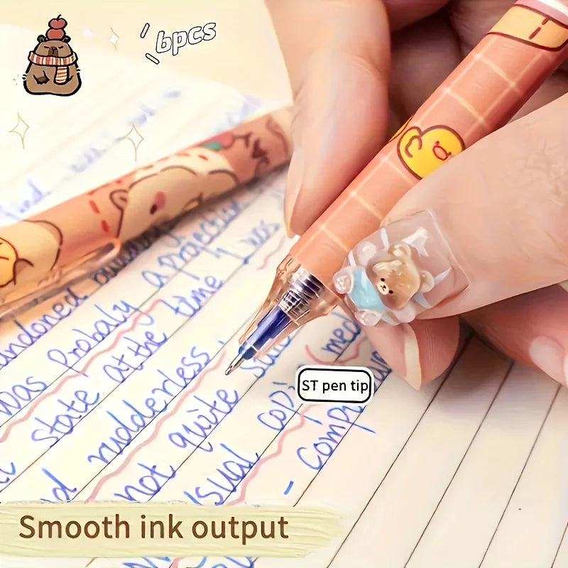 Capybara Erasable Retractable Gel Pens – 6pcs in 6 Colours, 0.5mm Quick-Dry Smooth Writing for School & Office