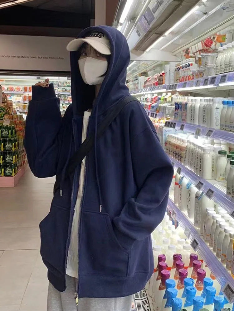Korean Fashion Zipper Hood Sweatshirt Women Autumn Long Sleeve Tops Casual Y2K Hoodies Streetwear Harajuku Loose Jackets Coat