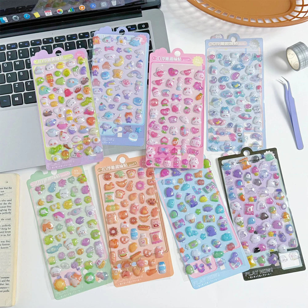 3D Embossed Diamond Cartoon Sticker Sheet – PVC Craft Decals for Scrapbooking, Journaling & Stationery Decoration (4 Designs 