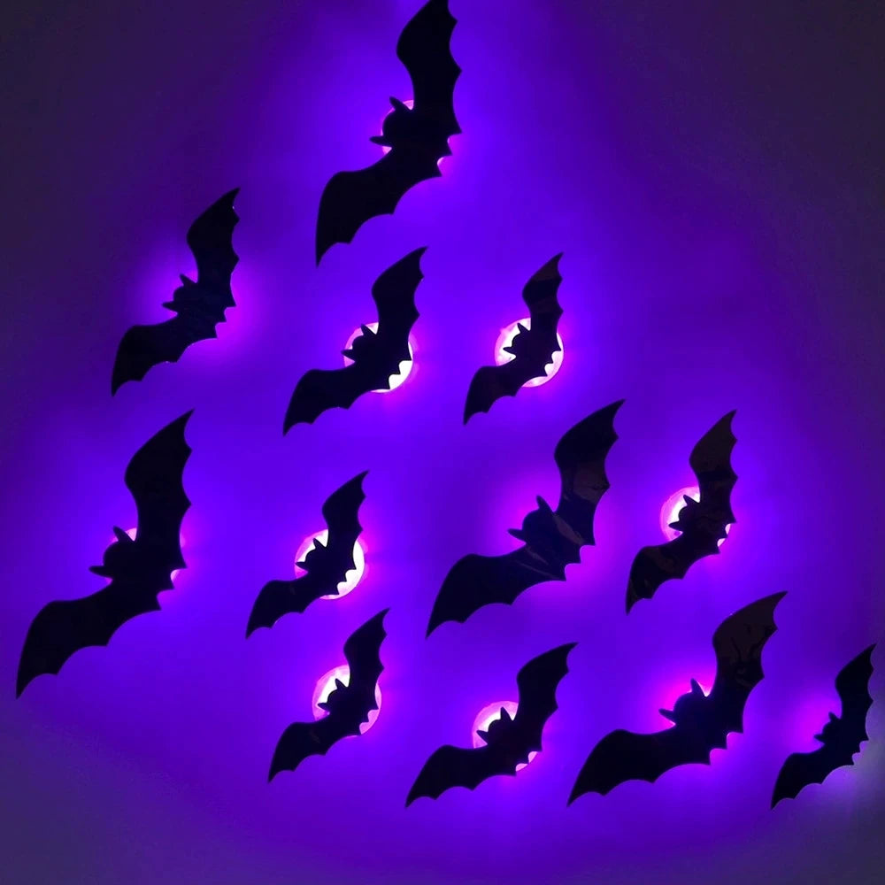 3D LED Bat Wall Decal Night Lights – 12 or 24pc Stereoscopic Bat Stickers for Halloween Party & Festival Decoration
