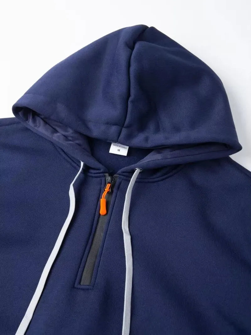 Men's Fashion Casual Hoodie Multi-pocket Sports Long-sleeve Sweatshirt Up Down Print Warm Half Zip Hooded Fitness Pullover Go