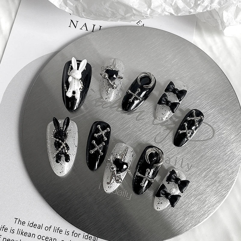 Halloween Black & White Bunny Press-On Nails – 10pcs Handmade Almond Shaped Fake Nails for Women