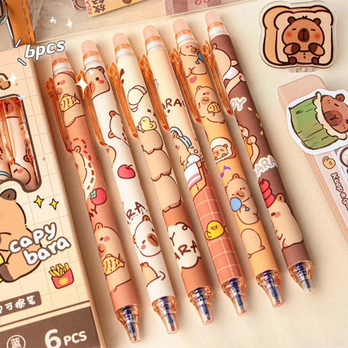 Capybara Erasable Refillable Gel Pens – Smudge-Free 0.5mm Cute Animal Stationery for Students & Office (5- or 6-Pack)