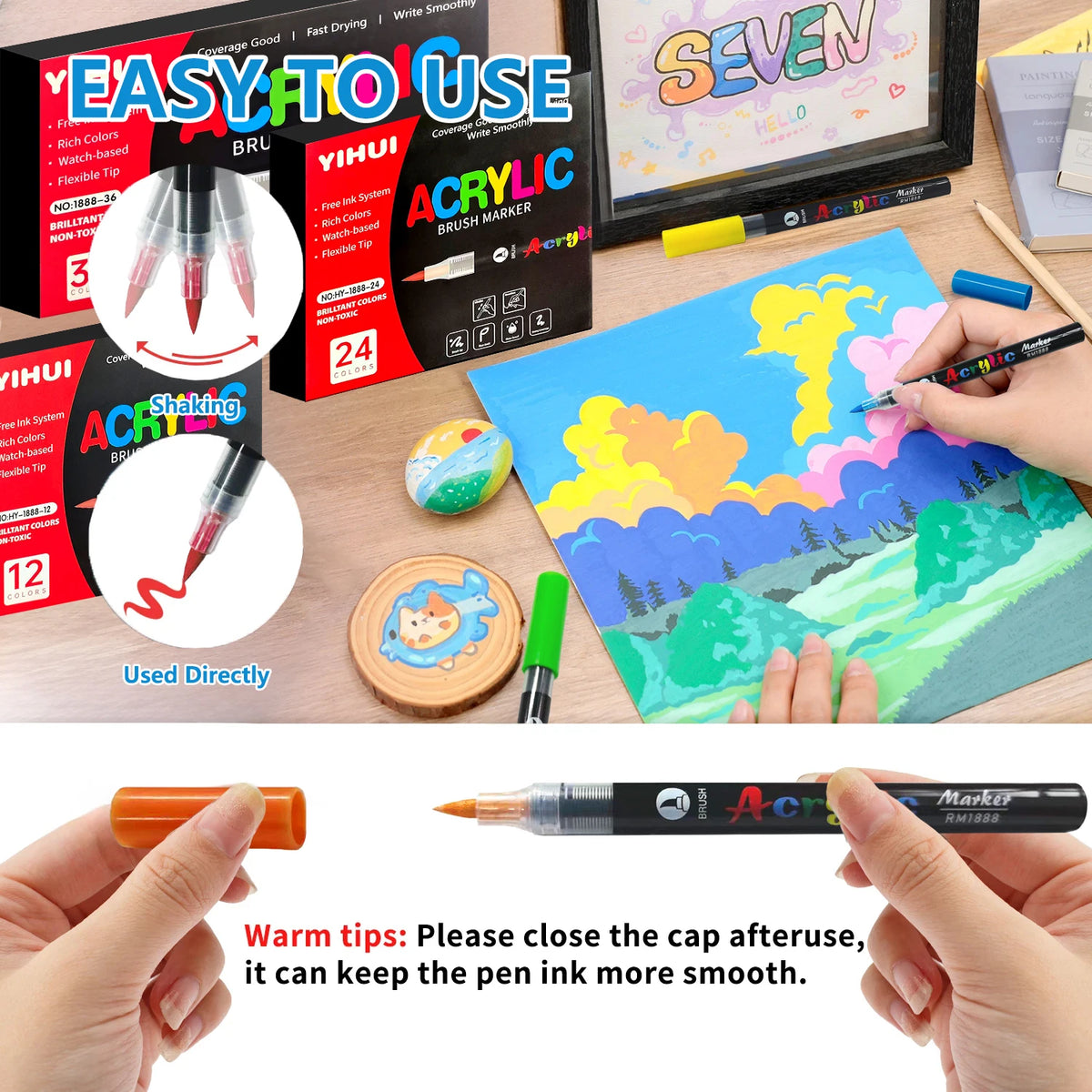 Brush Tip Acrylic Paint Markers – Flexible Paint Pens for Rock, Wood, Stone & Glass DIY Crafts (12, 24, 36, 48 or 60 Colours)