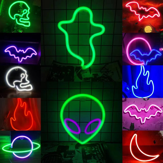 Halloween LED Neon Wall Sign – Bat, Ghost, Skull & Pumpkin Designs | USB or Battery Powered