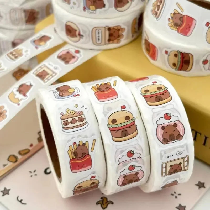 500pcs Capybara Sticker Roll – Waterproof PVC Self-Adhesive Decals in Cute Animal & Food Designs for Laptops, Phones, Scrapbo