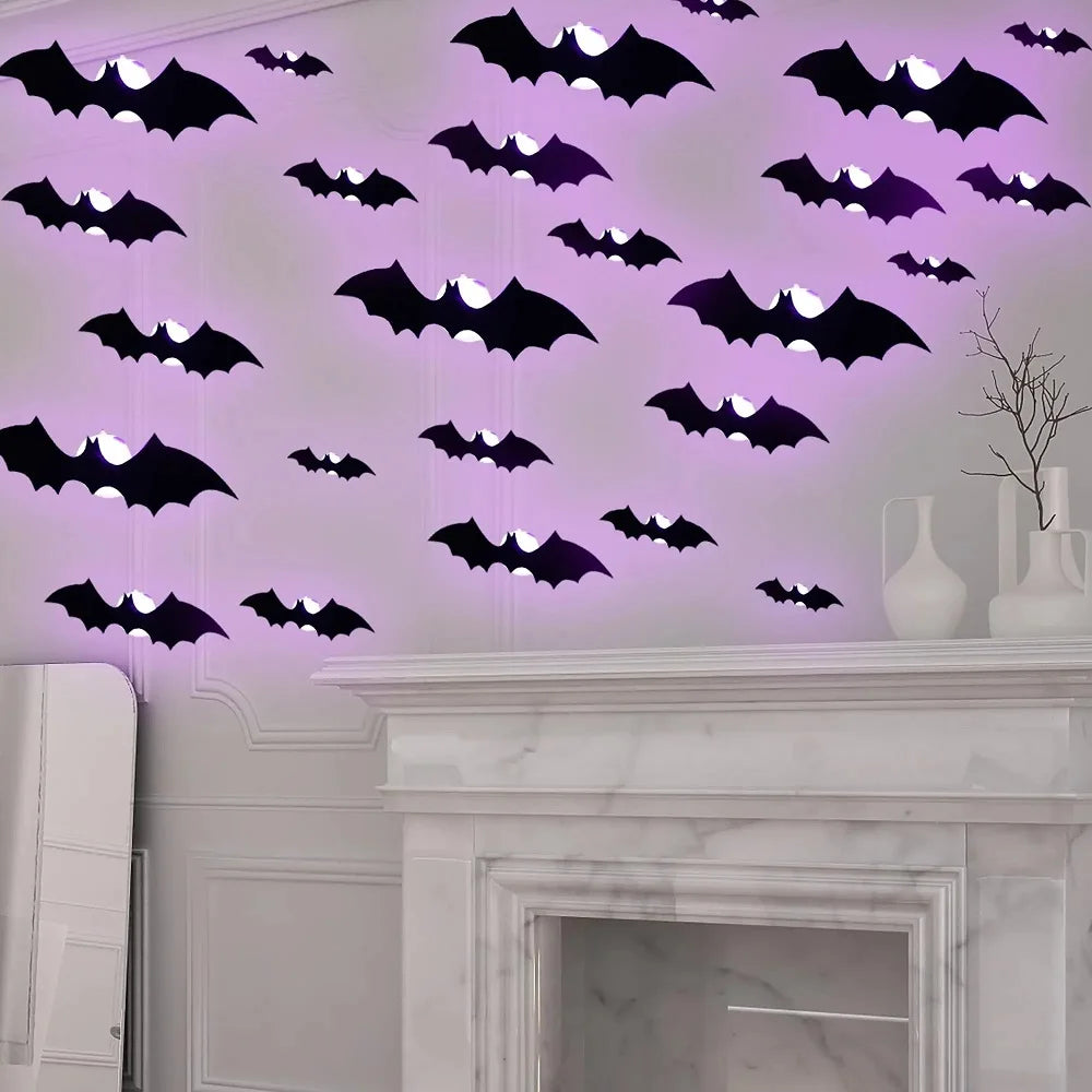 3D LED Bat Wall Decal Night Lights – 12 or 24pc Stereoscopic Bat Stickers for Halloween Party & Festival Decoration