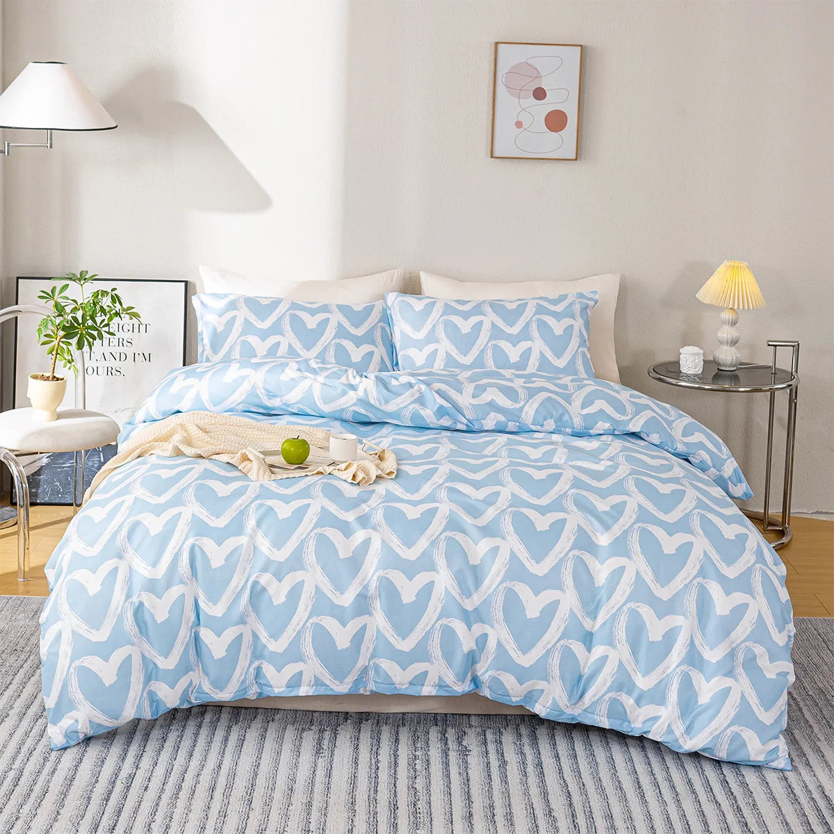 3pcs/set Heart Print Duvet Cover Set - Blue & Gray(1 Duvet Cover & 2 Pillowcase?Soft And Skin-Friendly Duvet Cover Bedding Set